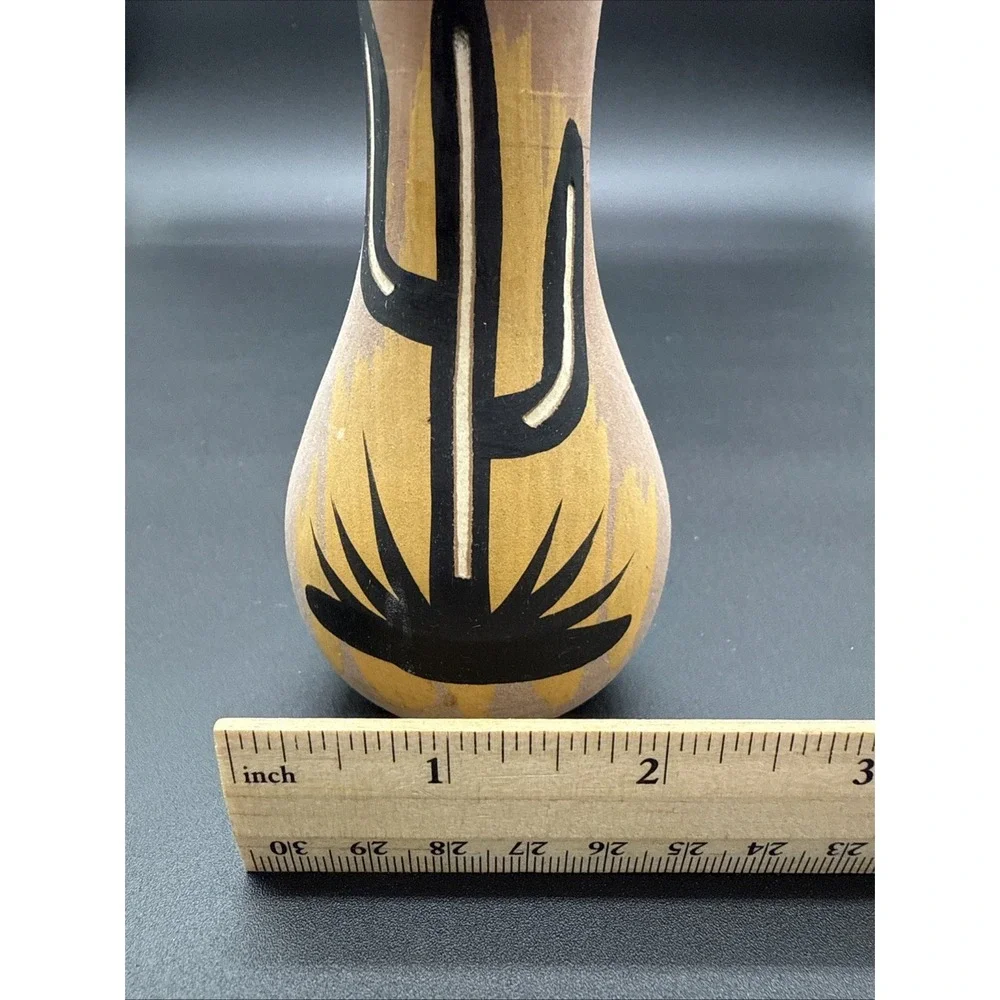 Mini Mexican‎ Style Cactus Carved Pottery Vase Hand Painted 4.5 In Signed AZ.